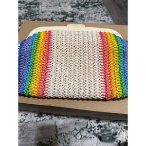 Vintage MCI Rainbow Straw Clutch Bag Cream Plastic Frame Retro Summer Handbag